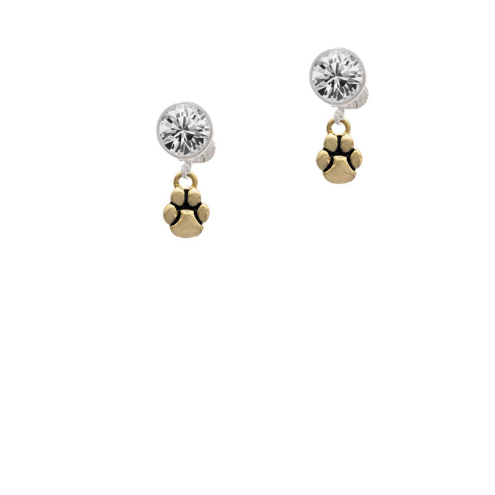 Mini Rounded Gold Tone Paw Crystal Clip On Earrings Image 2