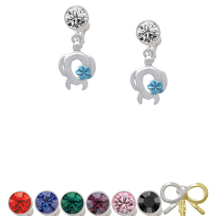 Open Sea Turtle with Blue Plumeria Crystal Clip On Earrings Image 1