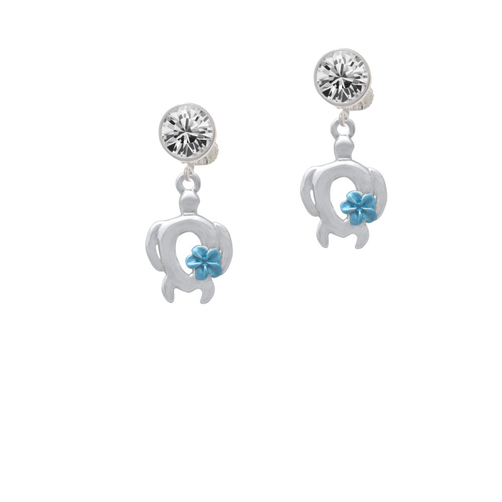 Open Sea Turtle with Blue Plumeria Crystal Clip On Earrings Image 2