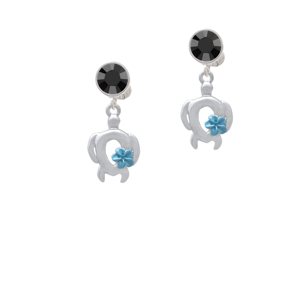 Open Sea Turtle with Blue Plumeria Crystal Clip On Earrings Image 3