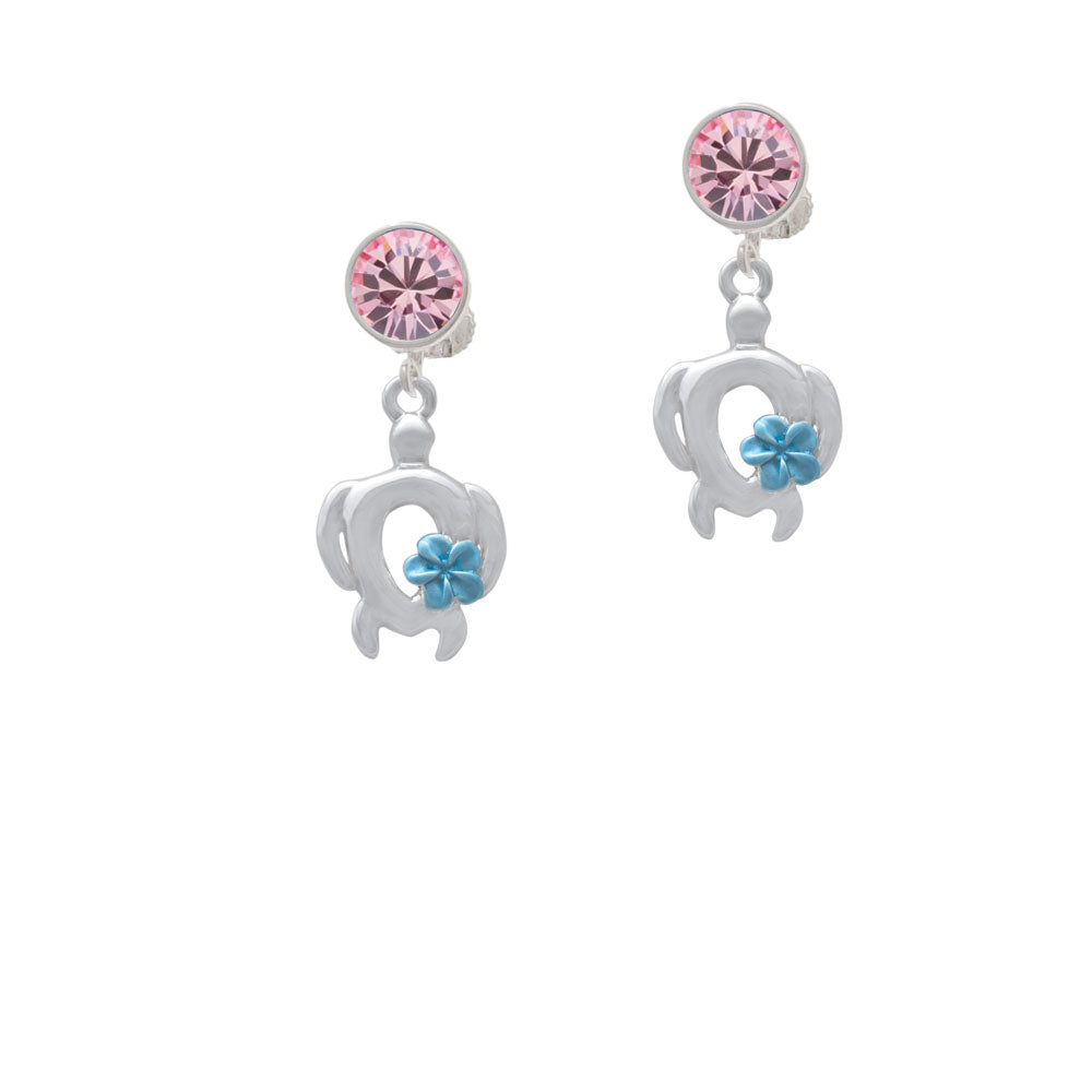 Open Sea Turtle with Blue Plumeria Crystal Clip On Earrings Image 4