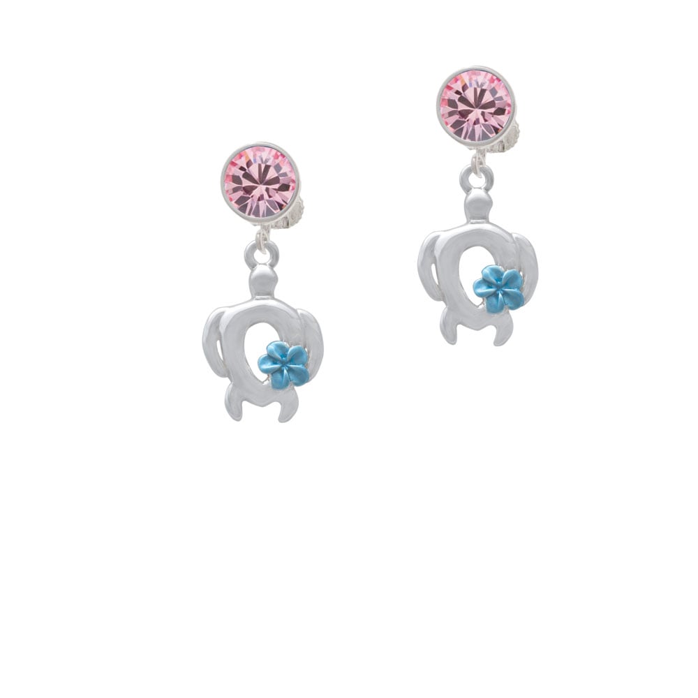 Open Sea Turtle with Blue Plumeria Crystal Clip On Earrings Image 1