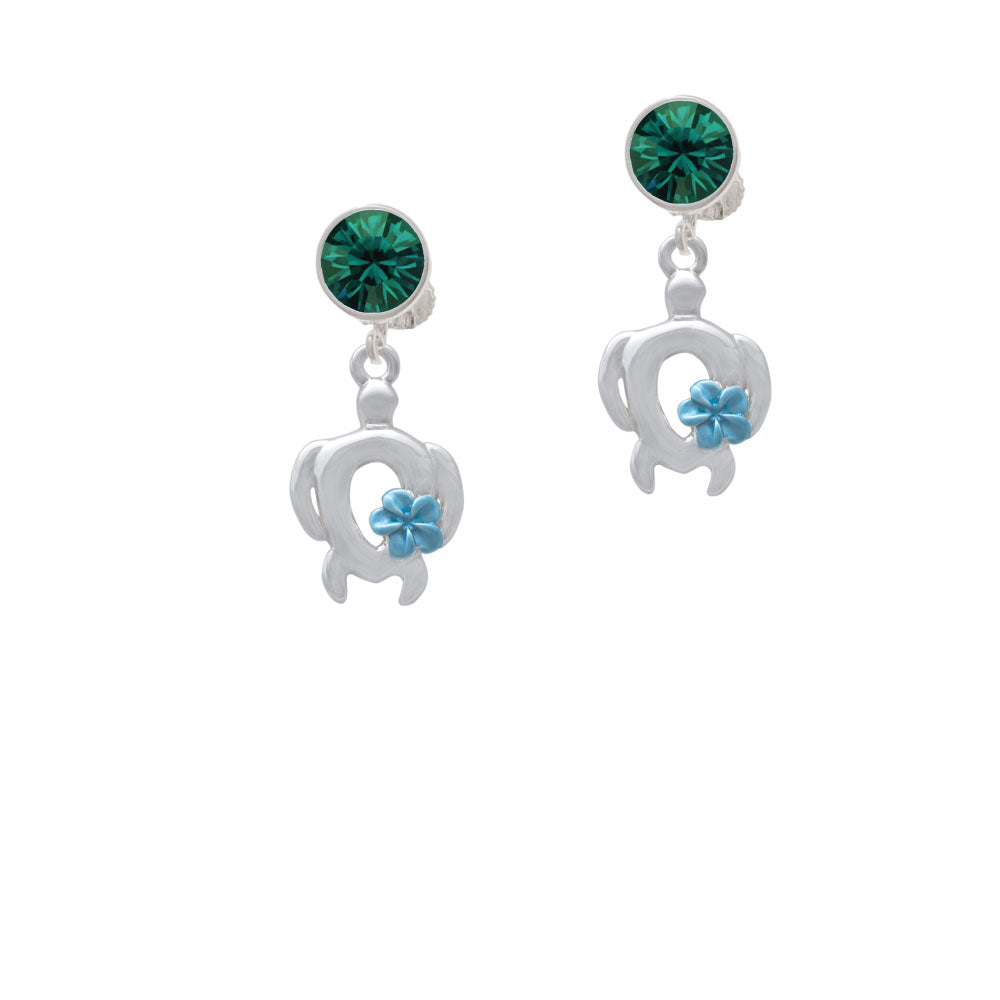 Open Sea Turtle with Blue Plumeria Crystal Clip On Earrings Image 6