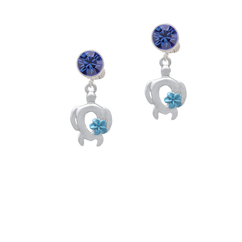 Open Sea Turtle with Blue Plumeria Crystal Clip On Earrings Image 7