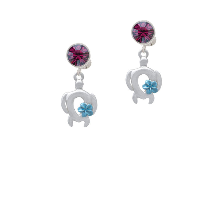 Open Sea Turtle with Blue Plumeria Crystal Clip On Earrings Image 8