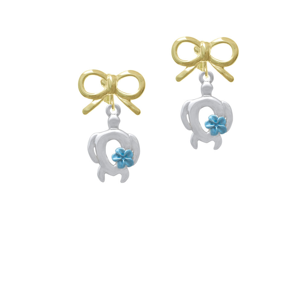 Open Sea Turtle with Blue Plumeria Crystal Clip On Earrings Image 10