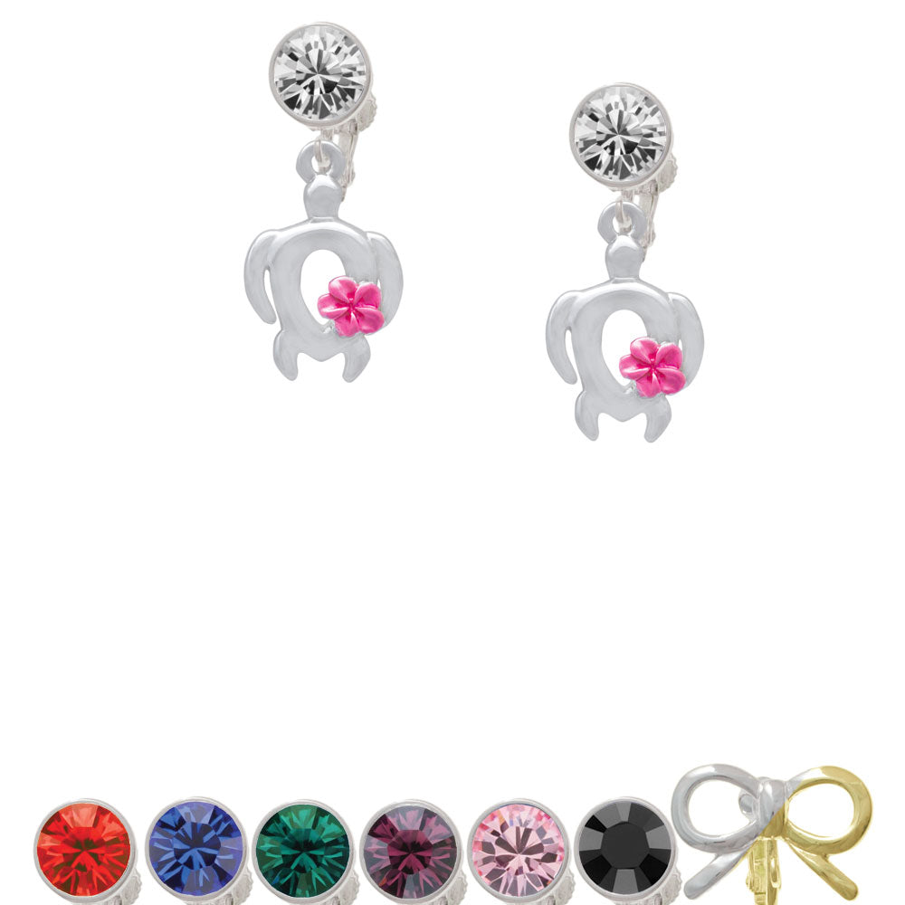 Open Sea Turtle with Hot Pink Plumeria Crystal Clip On Earrings Image 1