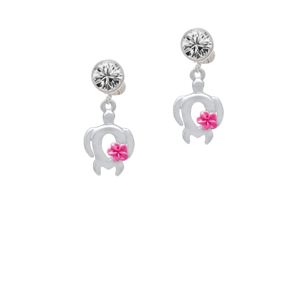 Open Sea Turtle with Hot Pink Plumeria Crystal Clip On Earrings Image 2