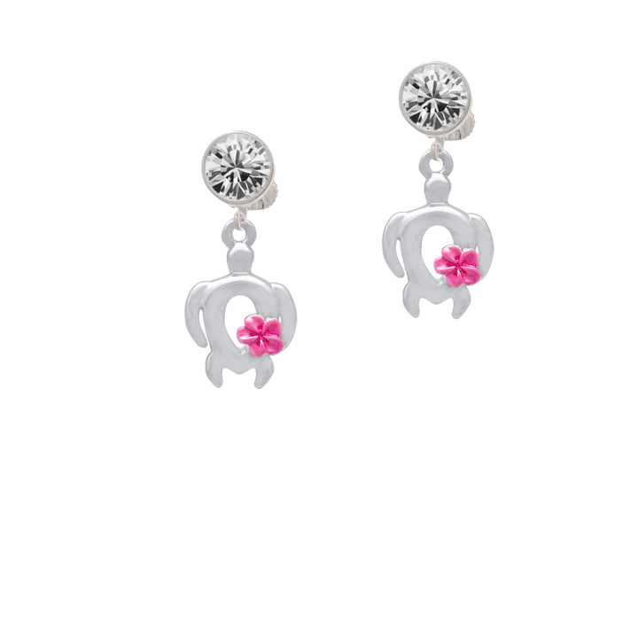 Open Sea Turtle with Hot Pink Plumeria Crystal Clip On Earrings Image 2