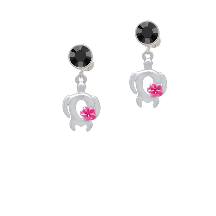 Open Sea Turtle with Hot Pink Plumeria Crystal Clip On Earrings Image 3