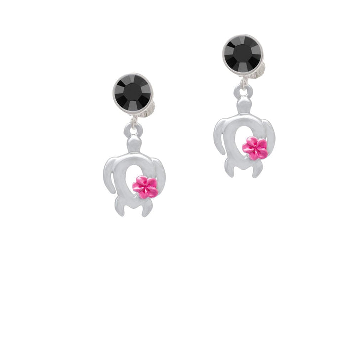 Open Sea Turtle with Hot Pink Plumeria Crystal Clip On Earrings Image 1