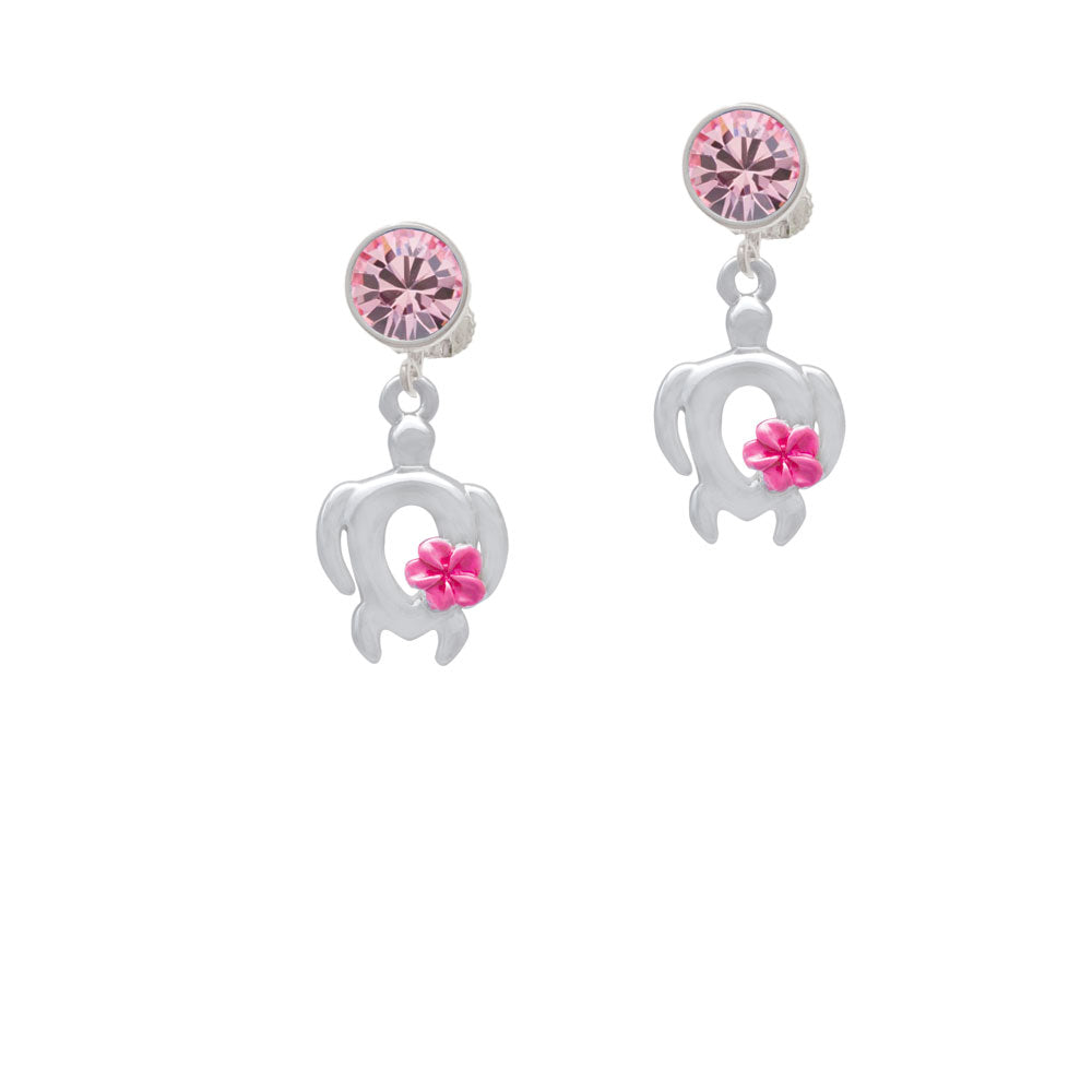 Open Sea Turtle with Hot Pink Plumeria Crystal Clip On Earrings Image 4