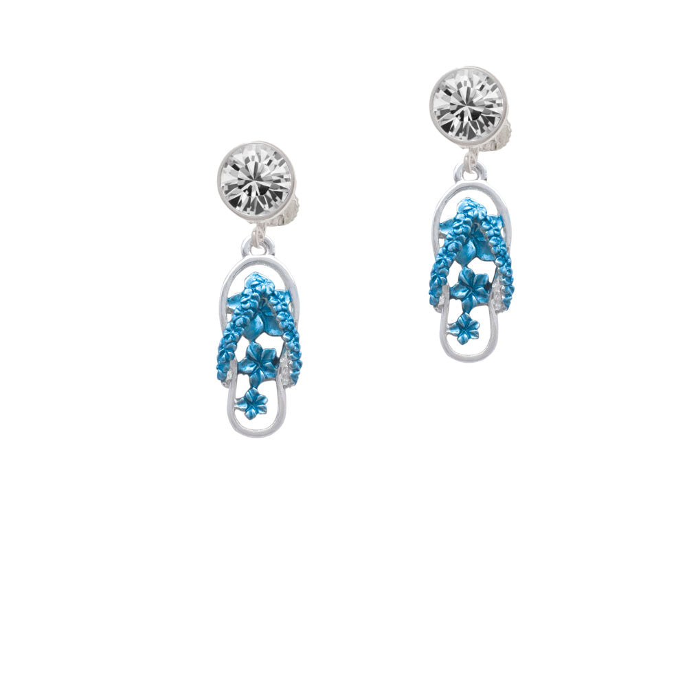 Blue Open Plumeria Flower Flip Flop Crystal Clip On Earrings Image 2