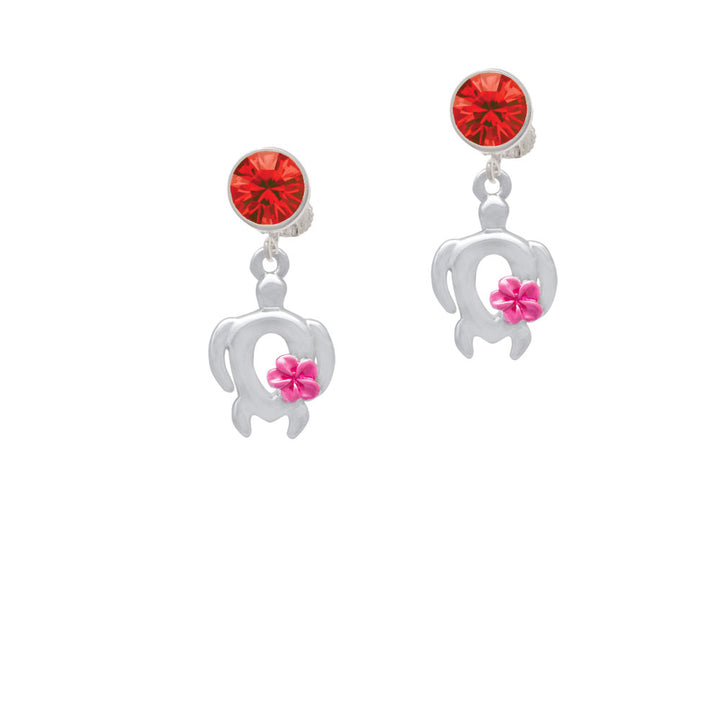 Open Sea Turtle with Hot Pink Plumeria Crystal Clip On Earrings Image 4