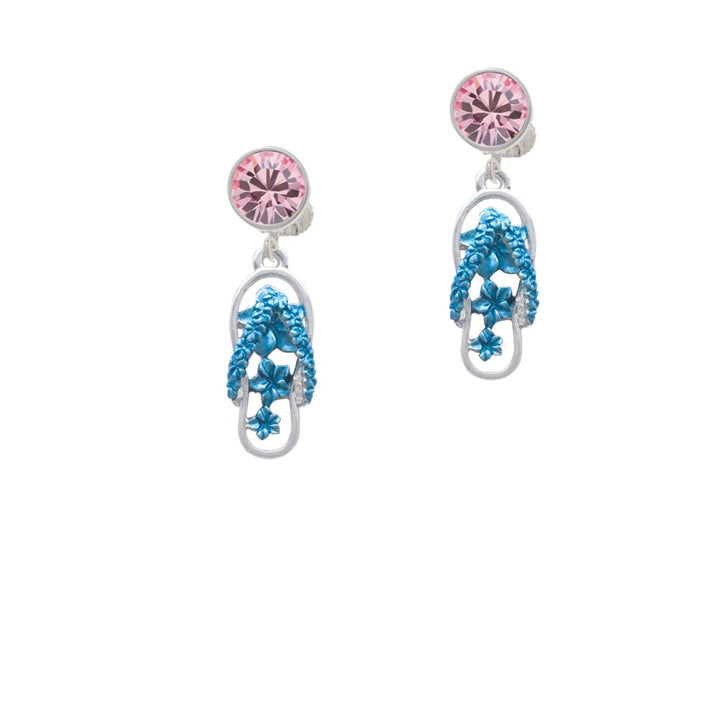 Blue Open Plumeria Flower Flip Flop Crystal Clip On Earrings Image 1