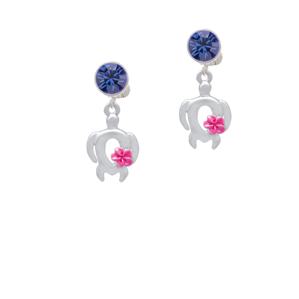 Open Sea Turtle with Hot Pink Plumeria Crystal Clip On Earrings Image 7