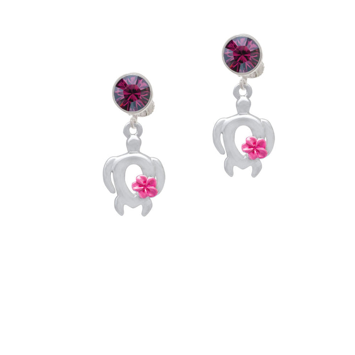 Open Sea Turtle with Hot Pink Plumeria Crystal Clip On Earrings Image 8