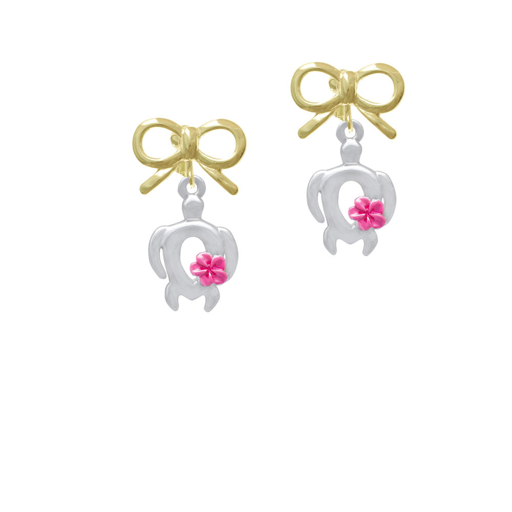 Open Sea Turtle with Hot Pink Plumeria Crystal Clip On Earrings Image 10