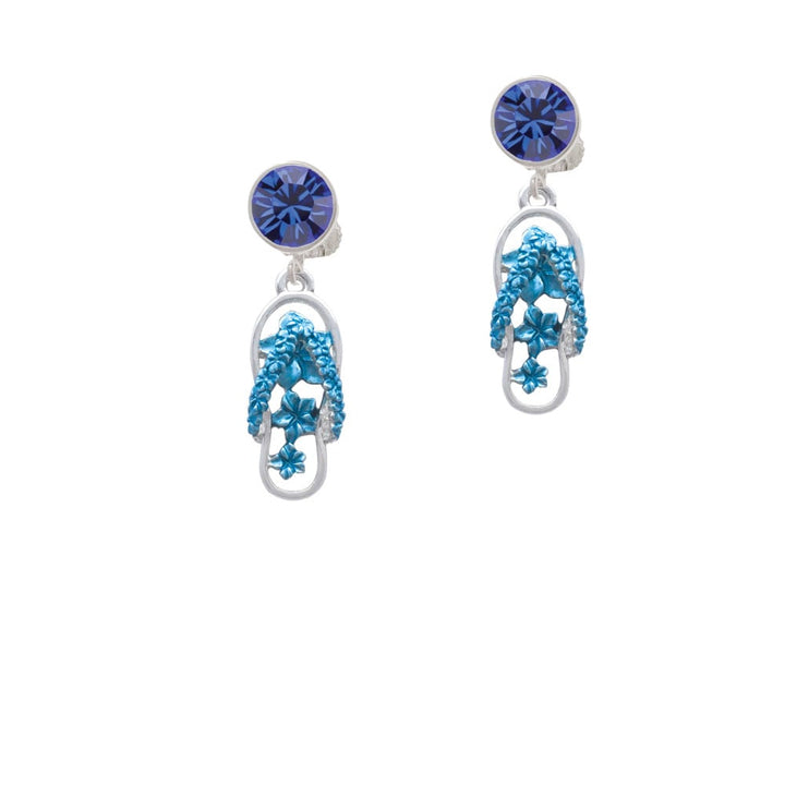 Blue Open Plumeria Flower Flip Flop Crystal Clip On Earrings Image 1