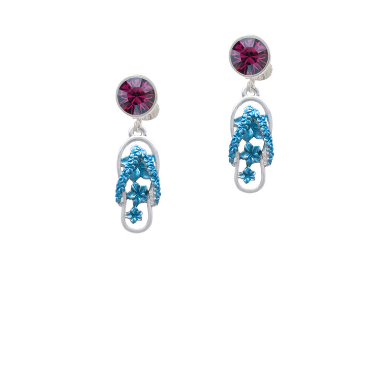 Blue Open Plumeria Flower Flip Flop Crystal Clip On Earrings Image 8