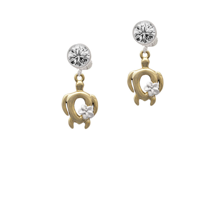 Open Gold Tone Sea Turtle with White Plumeria Crystal Clip On Earrings Image 2