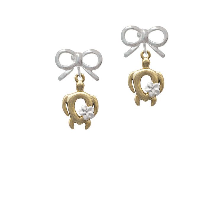 Open Gold Tone Sea Turtle with White Plumeria Crystal Clip On Earrings Image 9