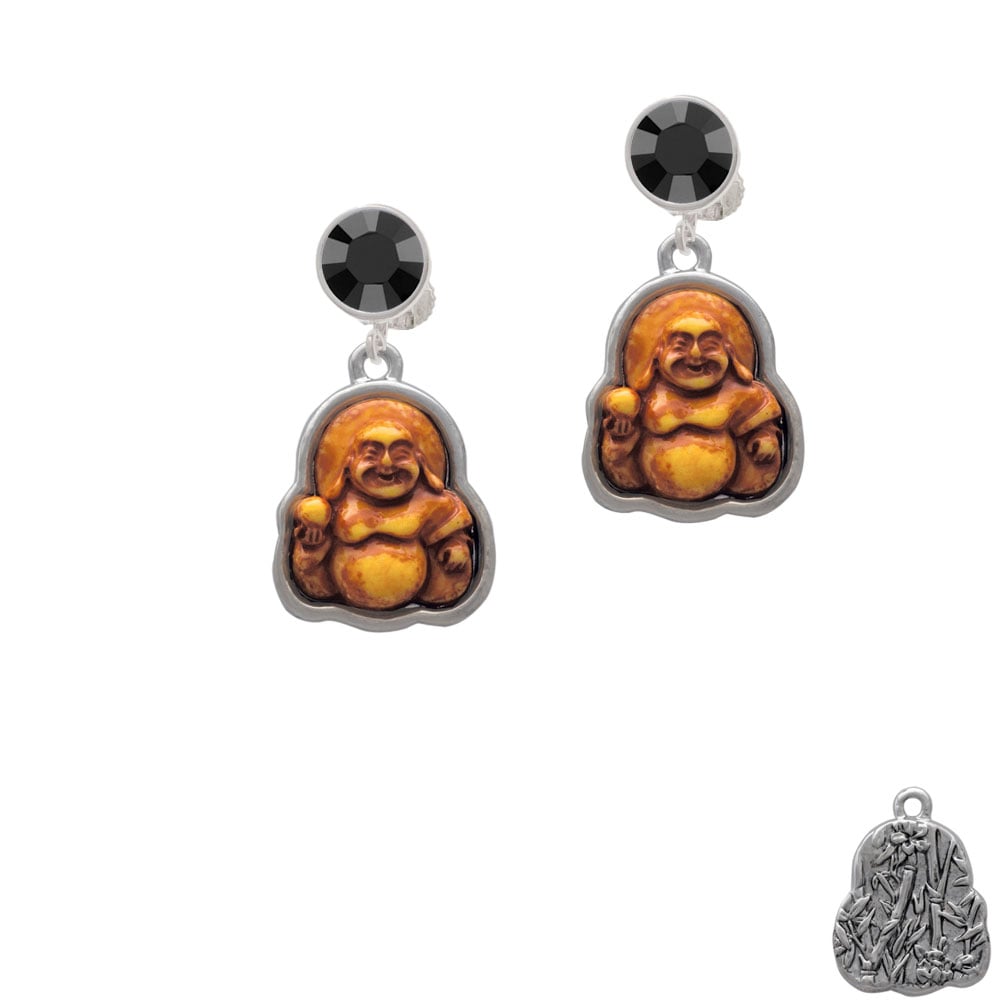 Resin Laughing Buddha in Frame Crystal Clip On Earrings Image 1