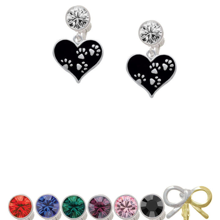Black Enamel Heart with Paw Prints Crystal Clip On Earrings Image 1
