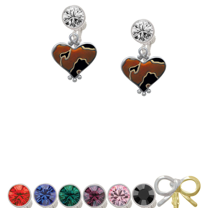 Two Tone Enamel Cheetah Print Heart Crystal Clip On Earrings Image 1