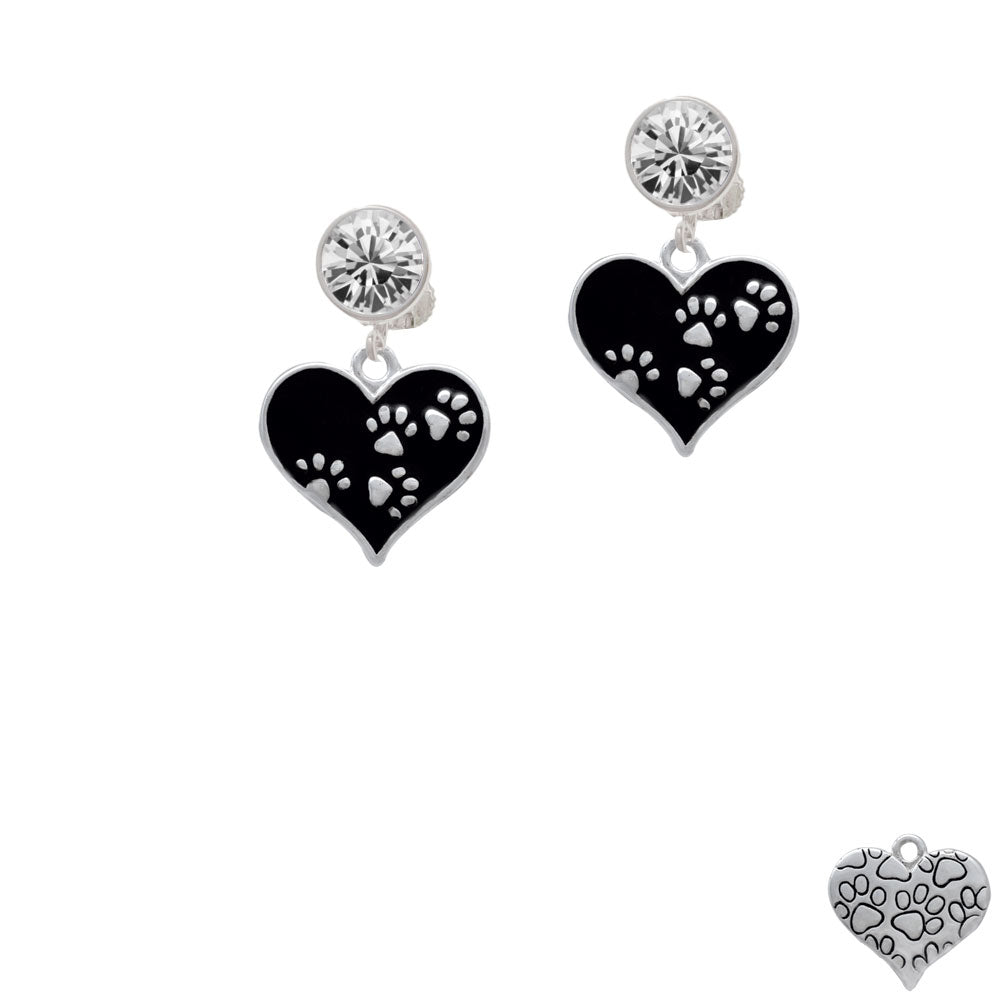 Black Enamel Heart with Paw Prints Crystal Clip On Earrings Image 2
