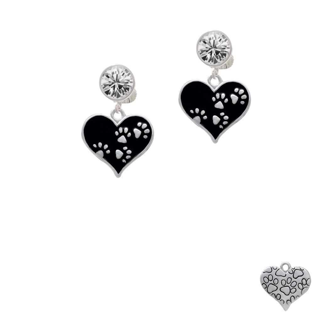 Black Enamel Heart with Paw Prints Crystal Clip On Earrings Image 1