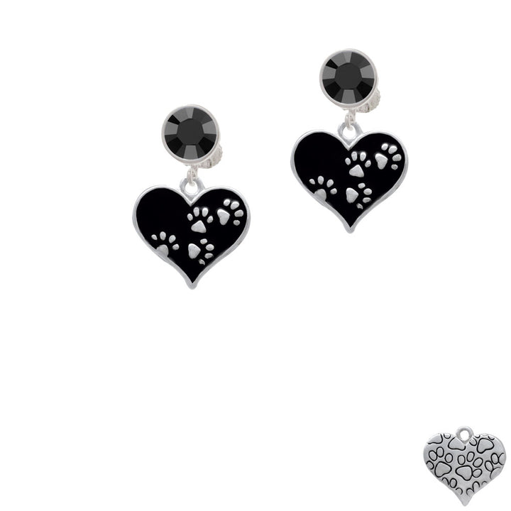Black Enamel Heart with Paw Prints Crystal Clip On Earrings Image 3
