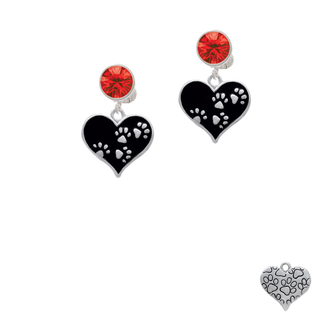 Black Enamel Heart with Paw Prints Crystal Clip On Earrings Image 4