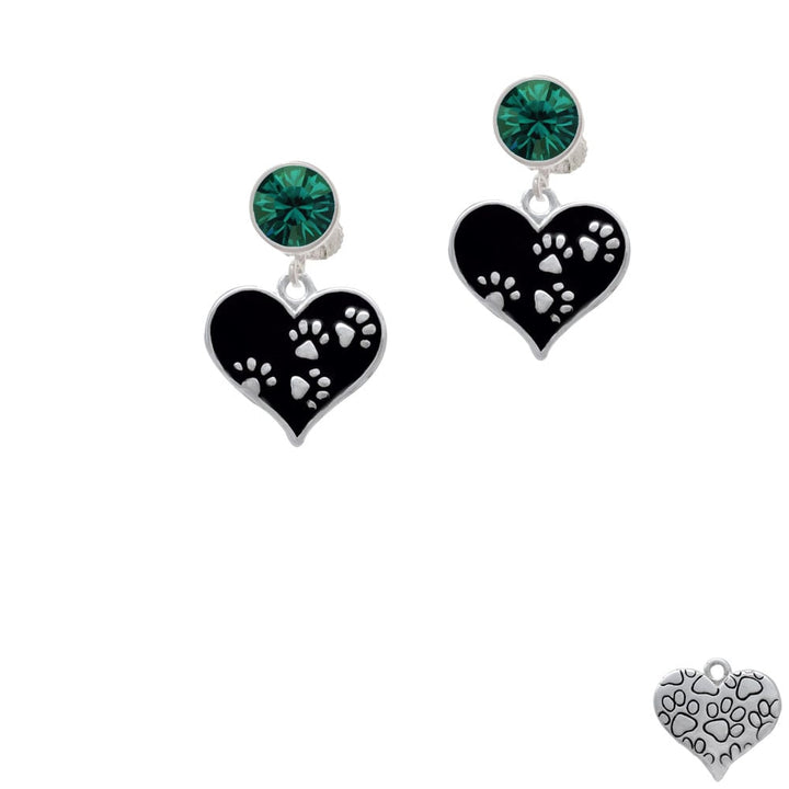 Black Enamel Heart with Paw Prints Crystal Clip On Earrings Image 1