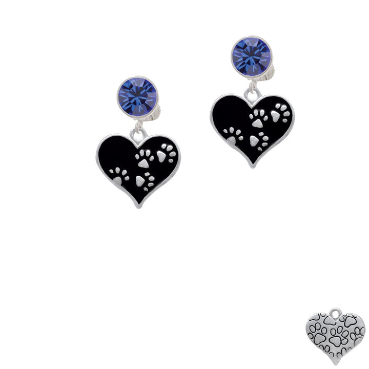Black Enamel Heart with Paw Prints Crystal Clip On Earrings Image 7