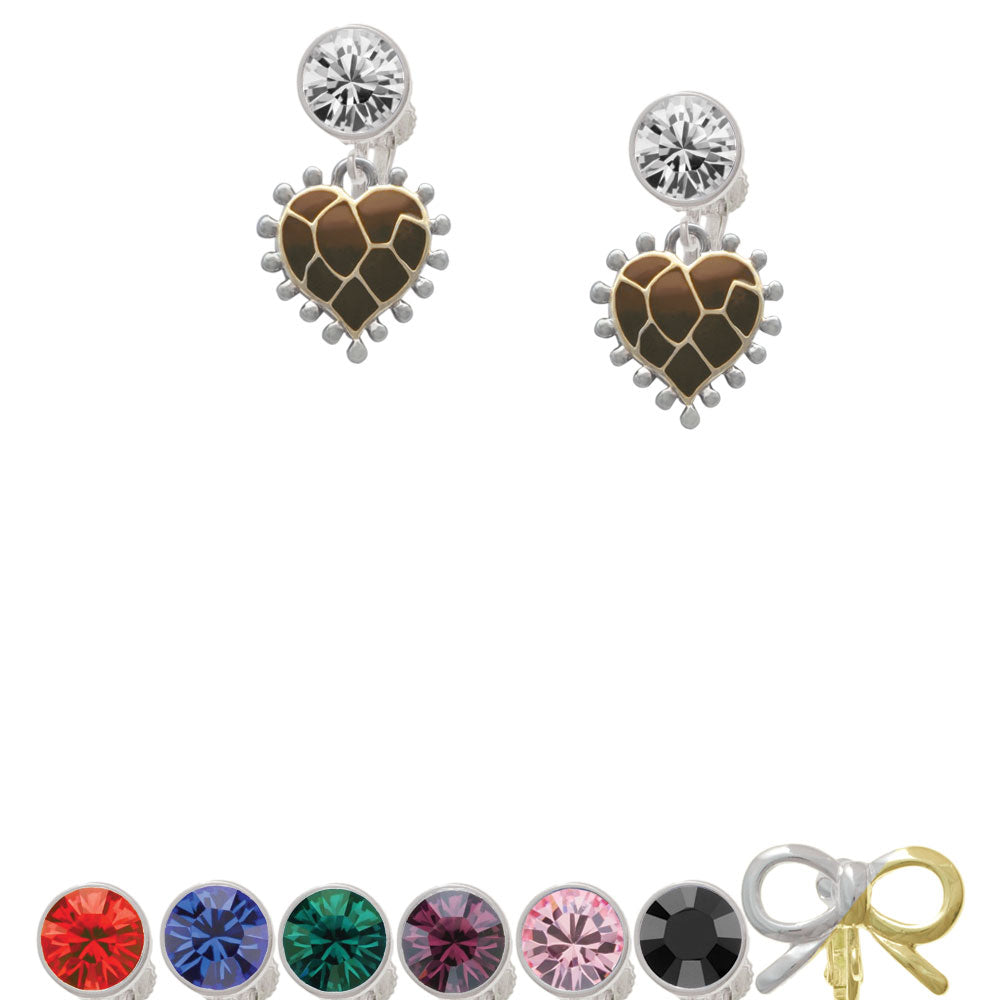 Two Tone Enamel Giraffe Print Heart Crystal Clip On Earrings Image 1