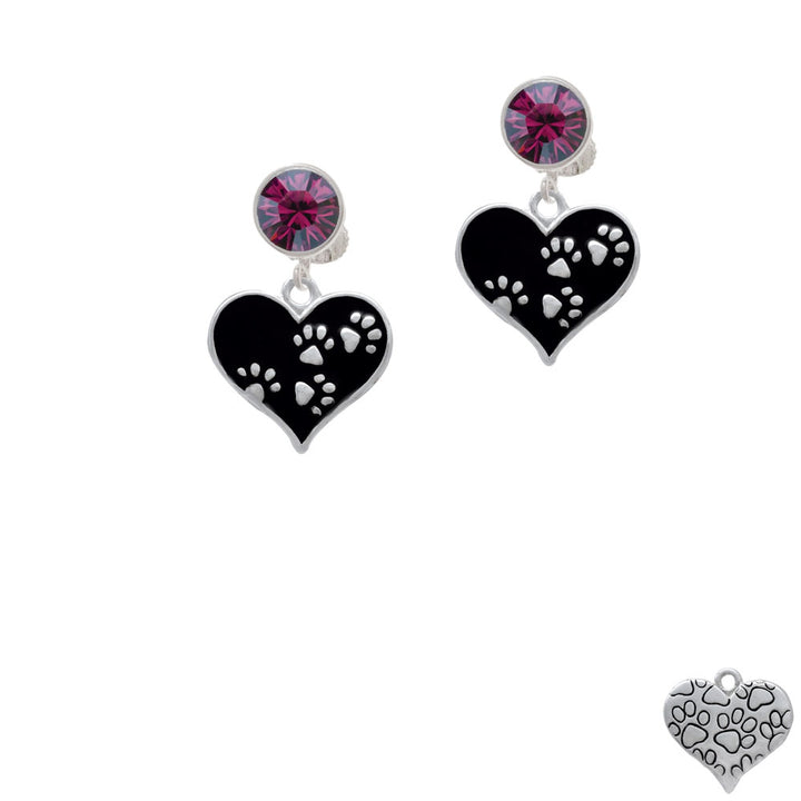 Black Enamel Heart with Paw Prints Crystal Clip On Earrings Image 8