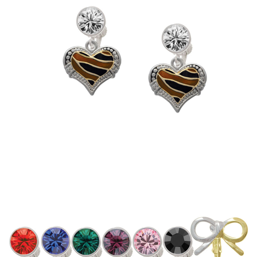 Two Tone Enamel Tiger Print Heart Crystal Clip On Earrings Image 1