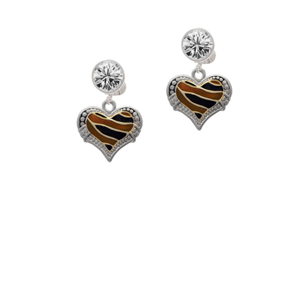 Two Tone Enamel Tiger Print Heart Crystal Clip On Earrings Image 2