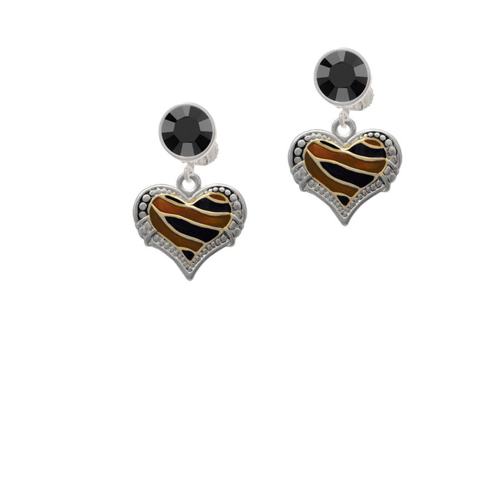 Two Tone Enamel Tiger Print Heart Crystal Clip On Earrings Image 3