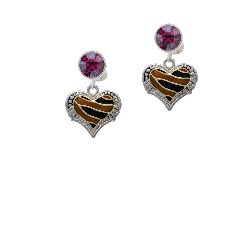 Two Tone Enamel Tiger Print Heart Crystal Clip On Earrings Image 8