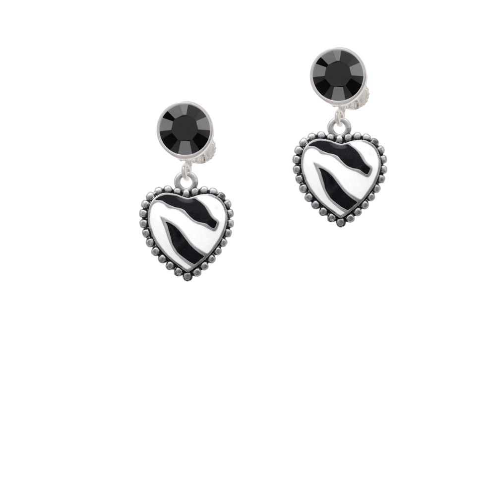 Enamel Zebra Print Heart Crystal Clip On Earrings Image 1