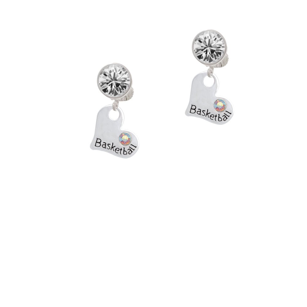 Heart with Basketball and AB Crystal Crystal Clip On Earrings Image 1