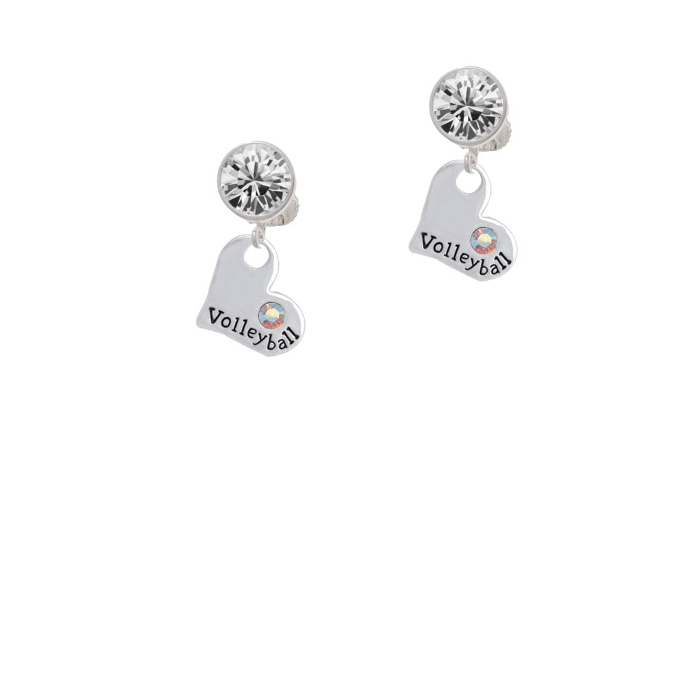 Heart with Volleyball and AB Crystal Crystal Clip On Earrings Image 1