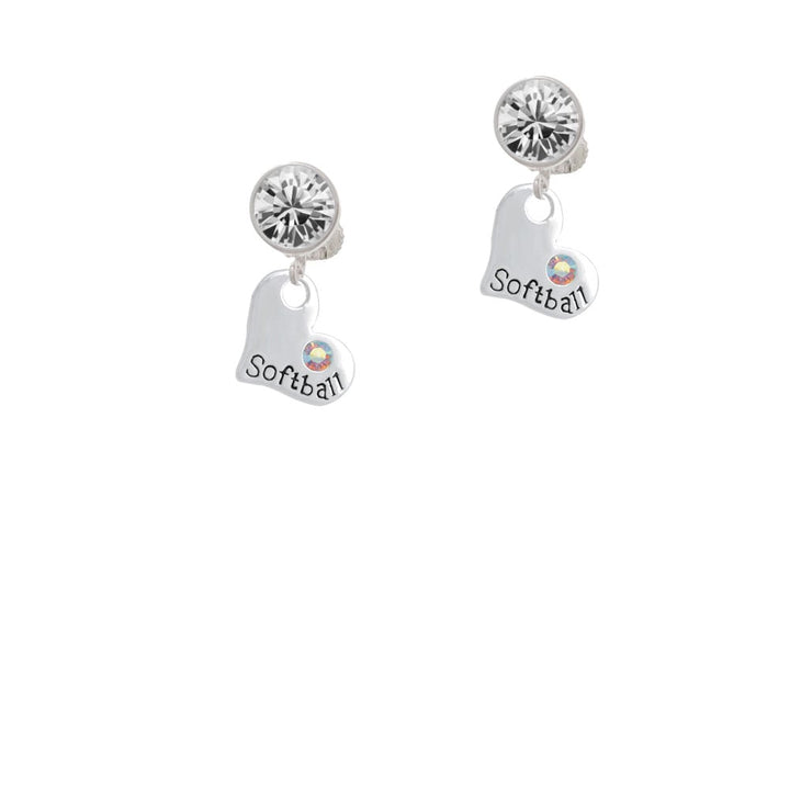 Heart with Softball and AB Crystal Crystal Clip On Earrings Image 1