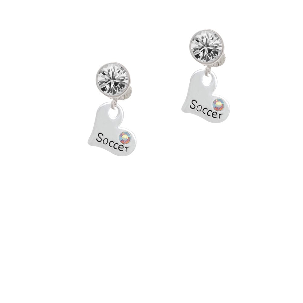 Heart with Soccer and AB Crystal Crystal Clip On Earrings Image 1