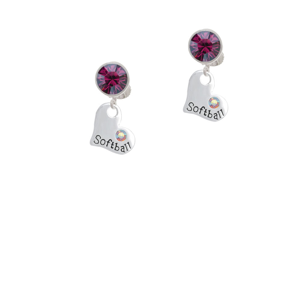 Heart with Softball and AB Crystal Crystal Clip On Earrings Image 8