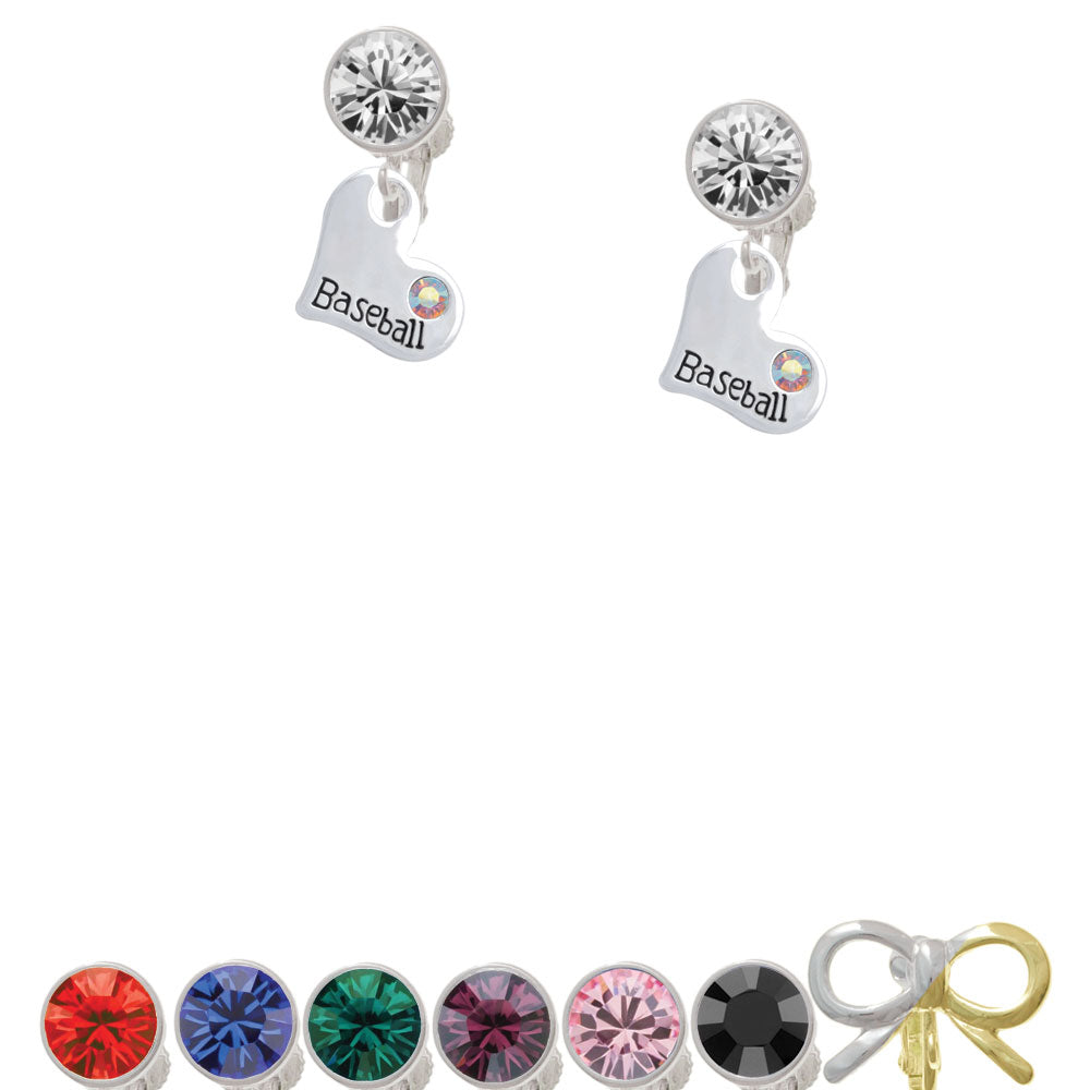 Heart with Baseball and AB Crystal Crystal Clip On Earrings Image 1