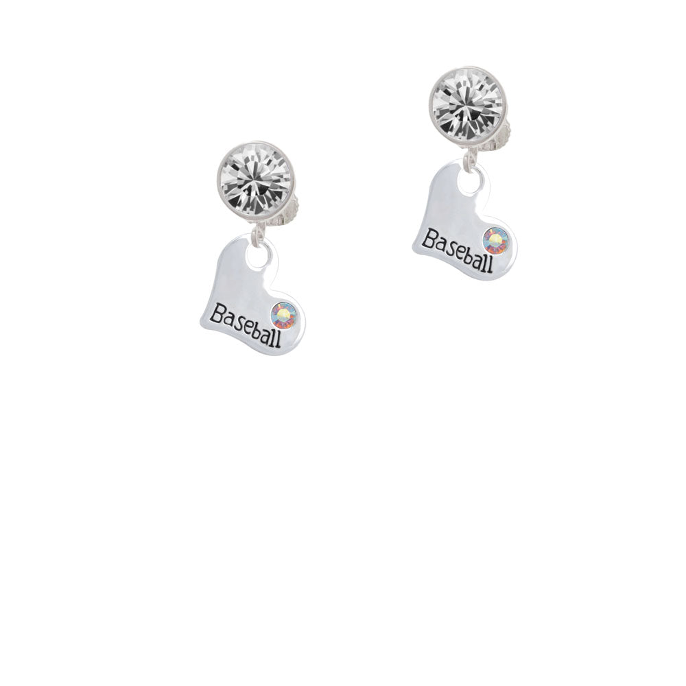 Heart with Baseball and AB Crystal Crystal Clip On Earrings Image 2