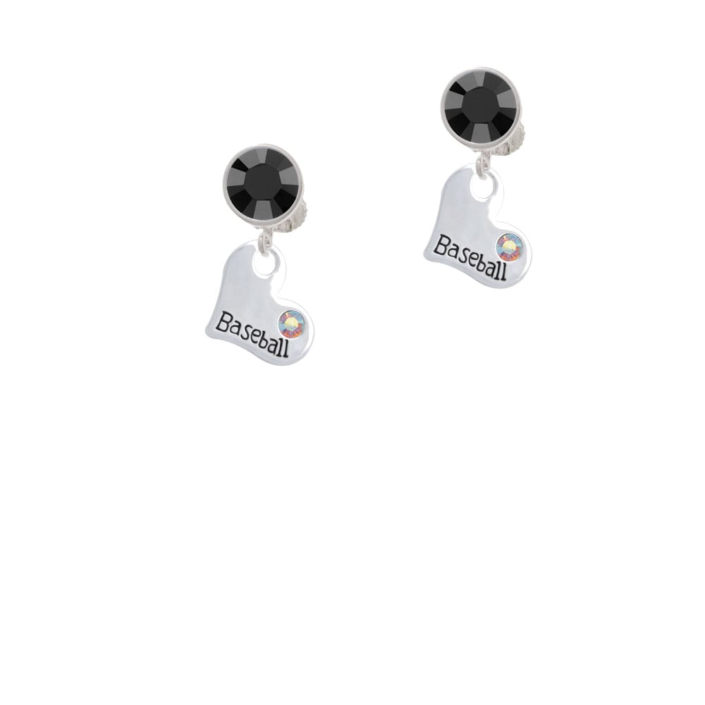 Heart with Baseball and AB Crystal Crystal Clip On Earrings Image 1